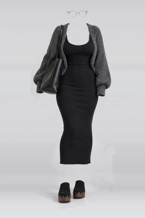 Grey knit black camisole midi dress