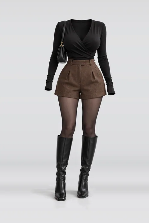 Black brown shorts tights boots leather