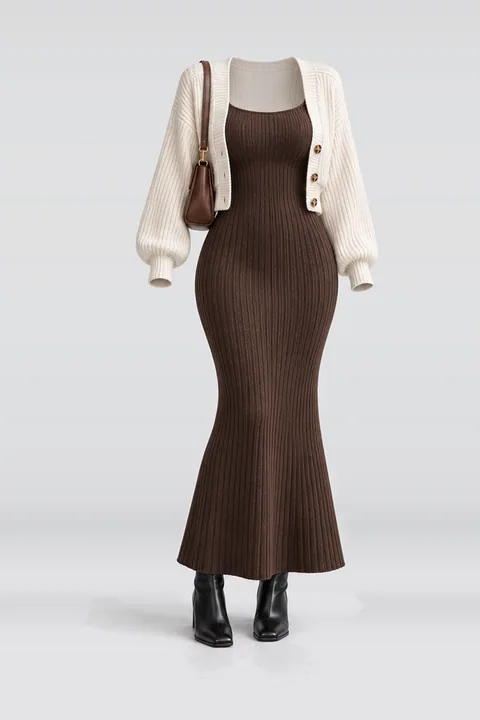 Brown knit dress ivory cardigan black