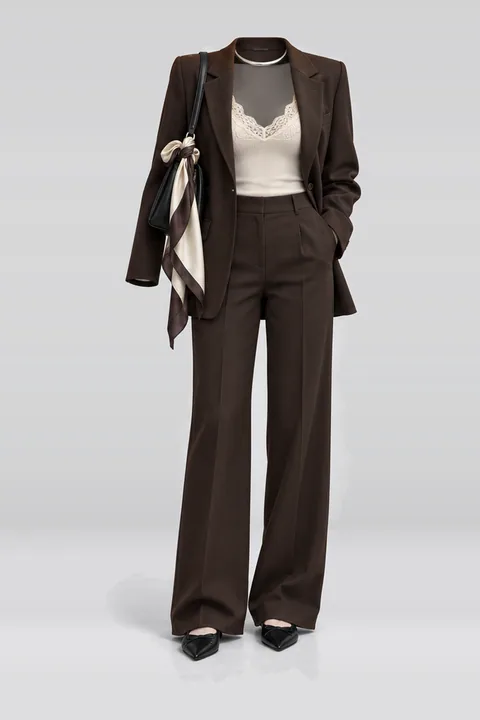 Ivory lace camisole brown jacket silver