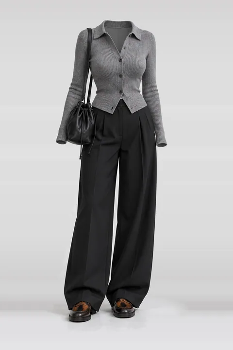 Grey knit cardigan black leather mini