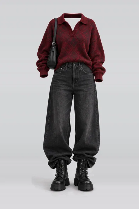 Red knit black denim jeans boots