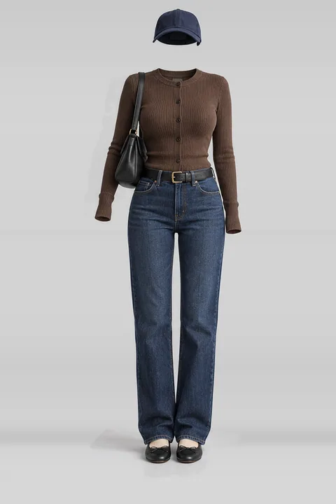 Brown knit cardigan denim jeans black