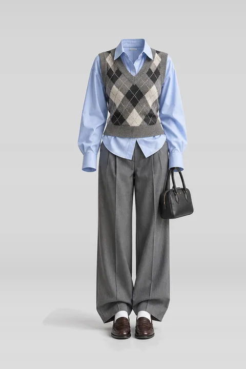 Grey knit vest blue shirt brown