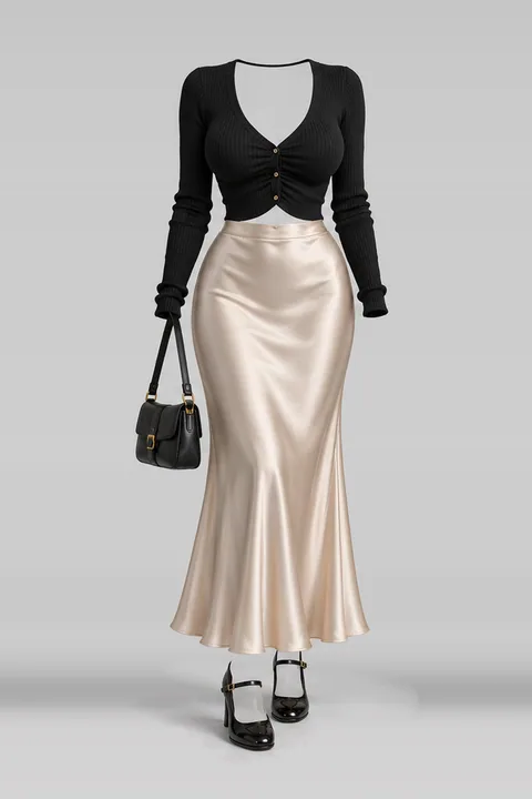 Black cardigan satin skirt heels leather