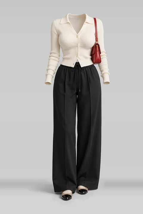 Ivory cardigan black red bag