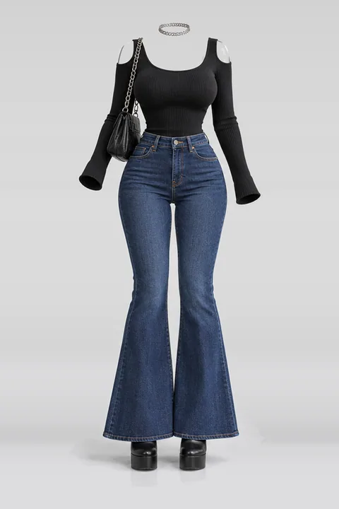 Black knit denim jeans boots bag