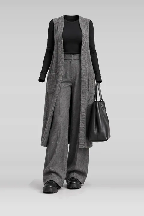 Grey knit black pants sneakers leather