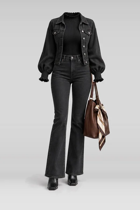 Black denim jacket jeans boots brown