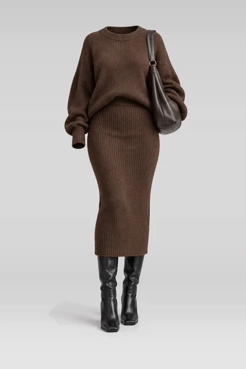Brown knit midi skirt black boots