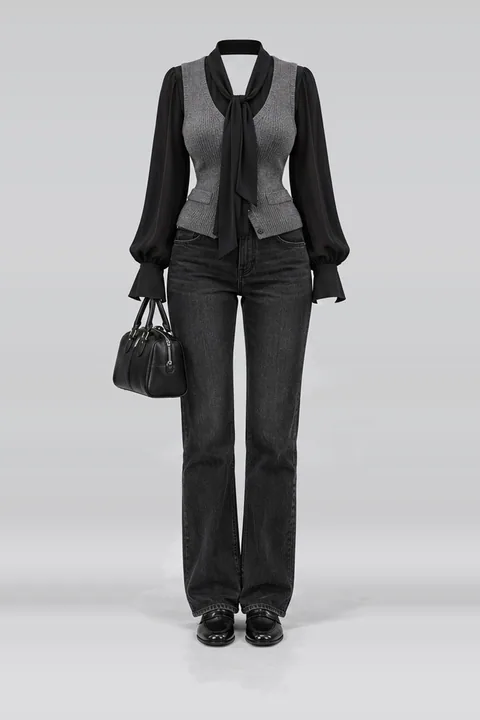 Black scarf blouse grey knit vest