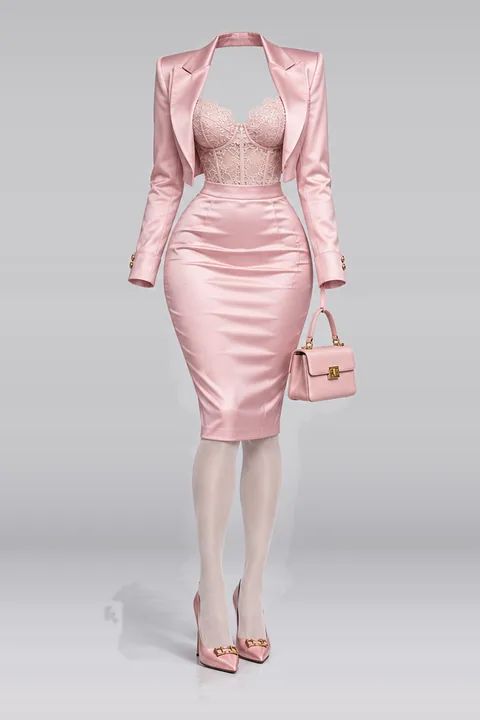 Pink satin skirt lace camisole pumps