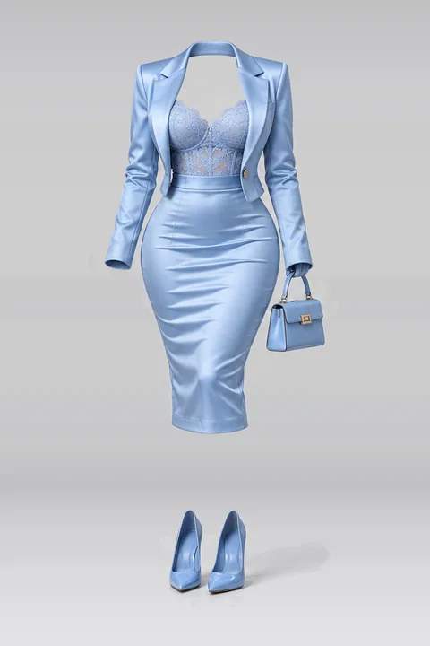 Blue satin skirt lace camisole pumps