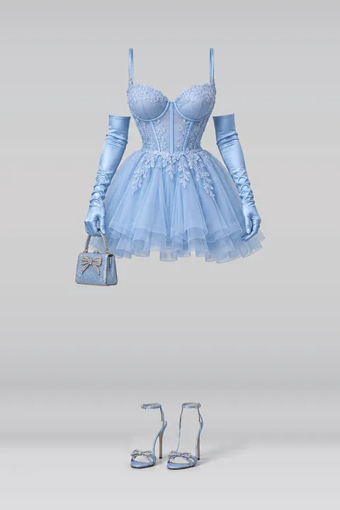 Blue mini dress tulle skirt satin