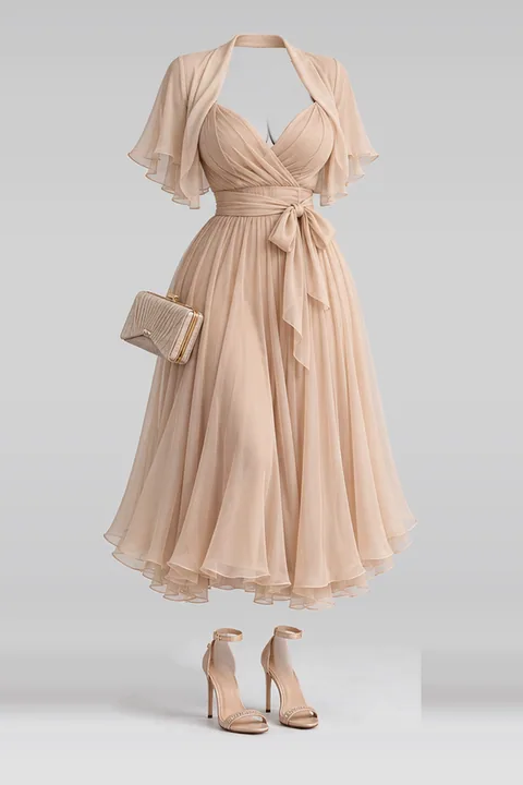 Beige chiffon midi dress ribbon heels
