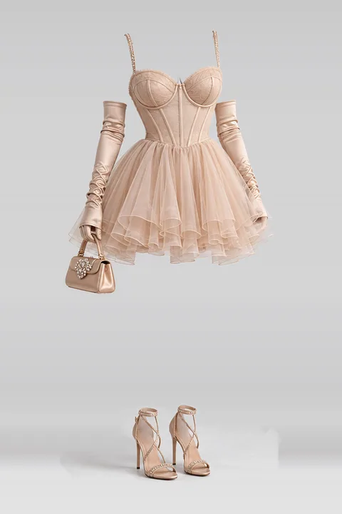 Beige mini dress tulle skirt satin