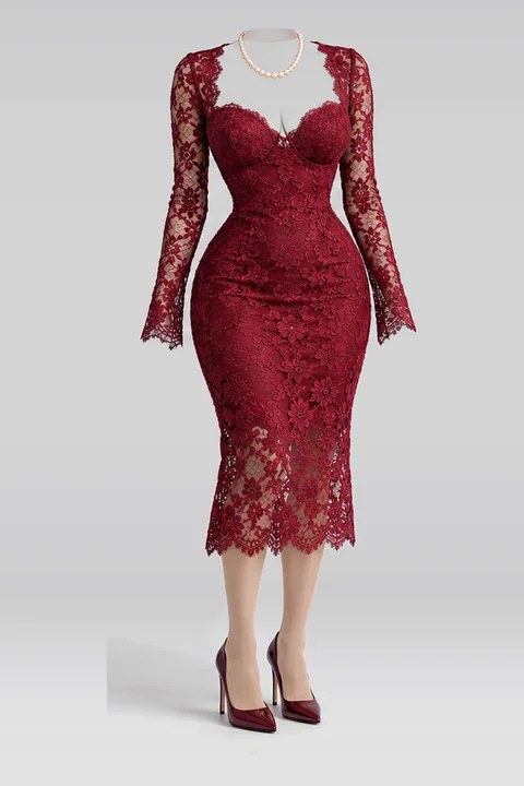 Red lace midi dress tights pumps