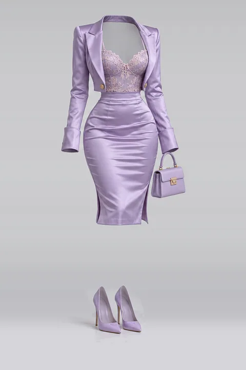 Lavender satin skirt lace camisole pumps