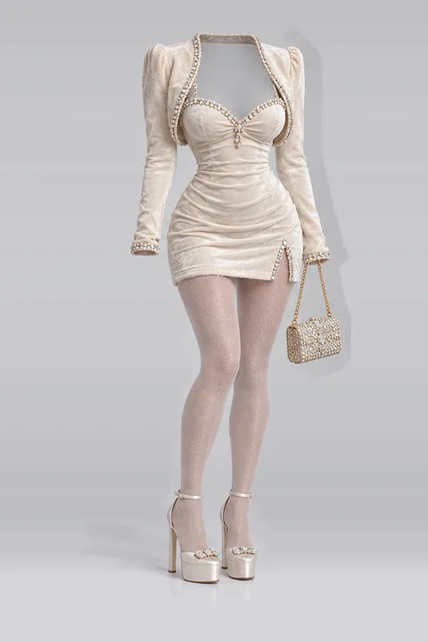 Ivory camisole mini dress tights heels