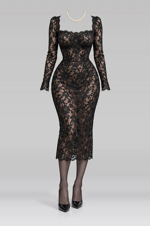 Black lace midi dress tights pumps