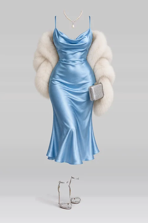 Blue satin midi dress fur heels