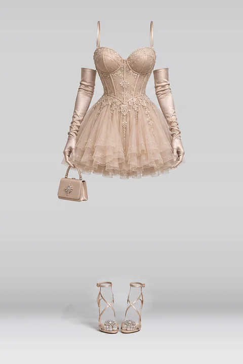 Beige mini dress tulle skirt satin