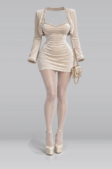 Ivory camisole mini dress tights heels