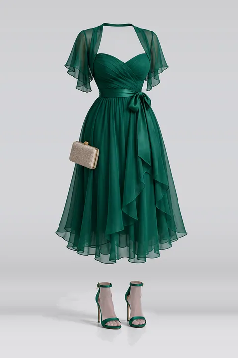 Chiffon midi dress ribbon heels