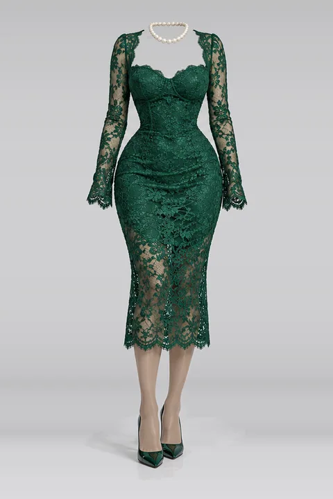 Lace midi dress tights pumps necklace