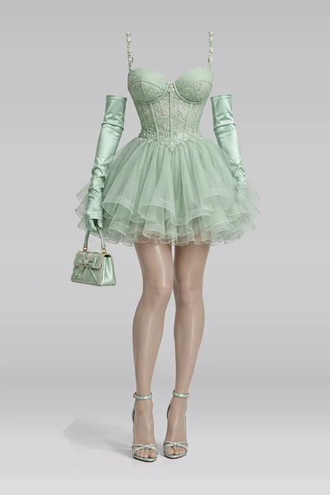 Mint mini dress tulle skirt satin