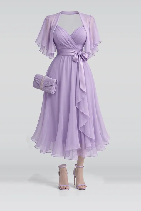Lavender chiffon midi dress ribbon heels