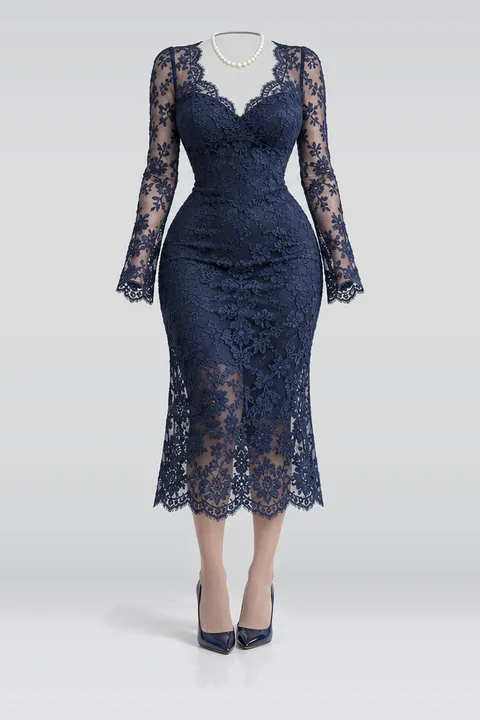 Navy lace midi dress tights pumps