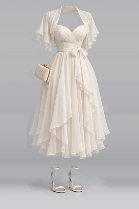 Ivory chiffon midi dress ribbon heels