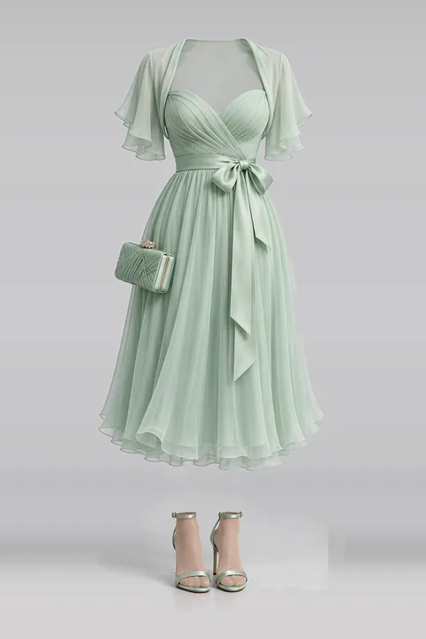 ミント・シフォン・ミディ丈・ワンピース・リボン・ヒール