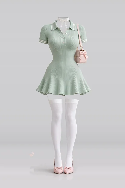 ミント・緑・ニット・ワンピース・白・ソックス