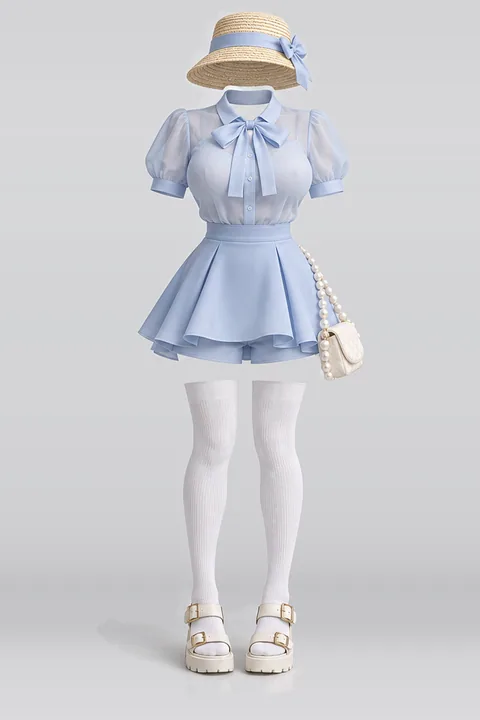 青・ブラウス・ミニ丈・スカート・ショートパンツ・白