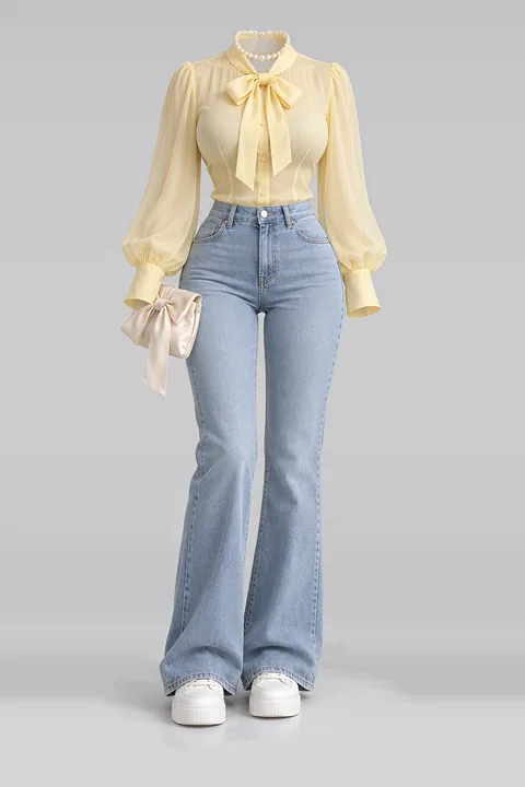 Yellow blouse blue denim pants white