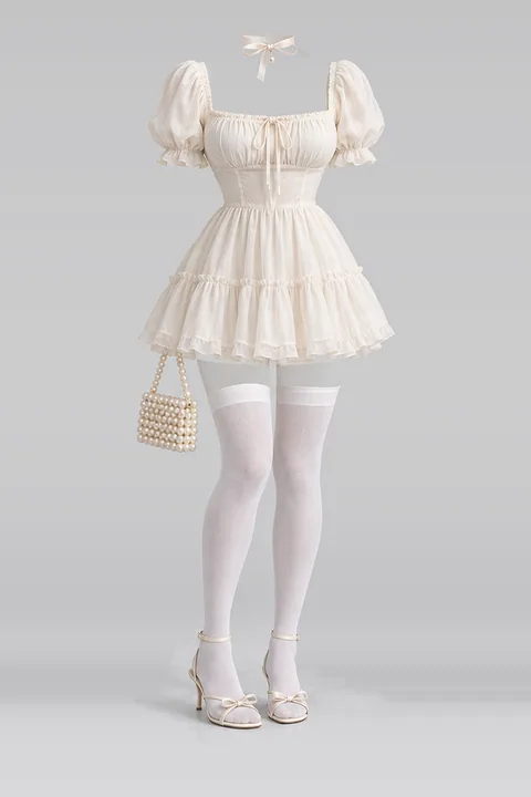 Ivory mini dress white socks sandals