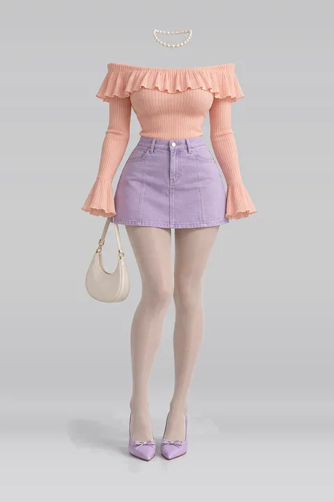 Frill knit denim mini skirt beige