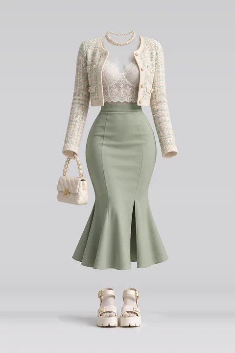 Ivory knit cardigan lace camisole green