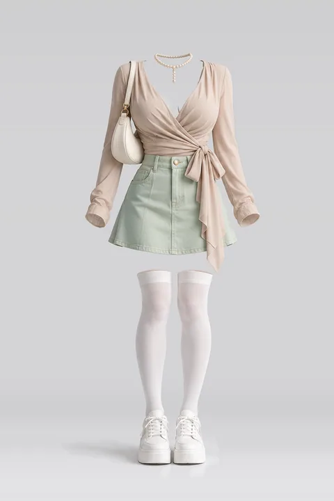Beige mint green denim mini skirt