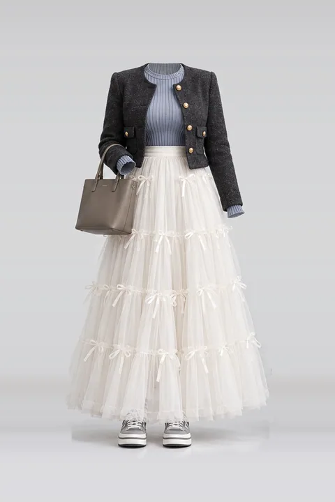 White ribbon tulle skirt gold jacket