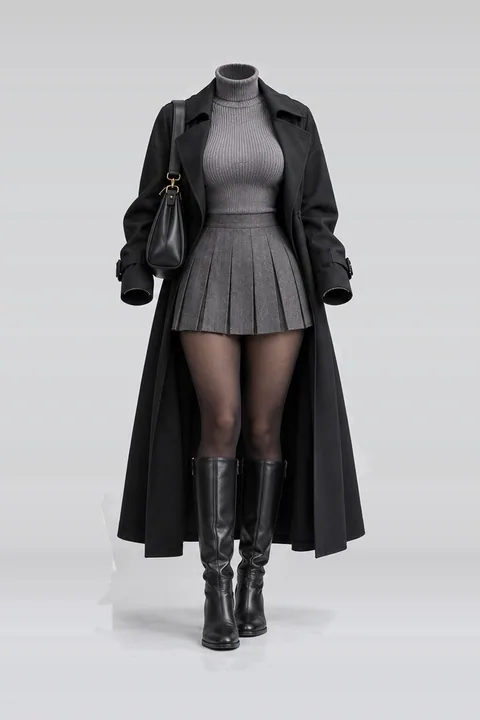 Black coat grey turtleneck pleated mini