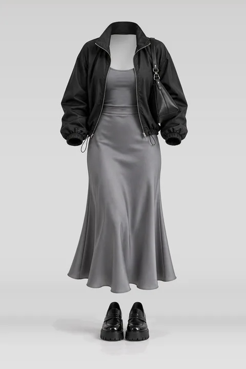 Black grey midi skirt loafers bag