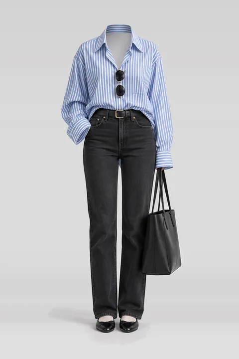 Blue white shirt black jeans leather