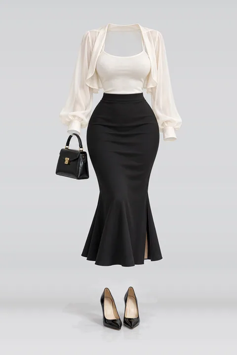 Ivory chiffon camisole black midi skirt