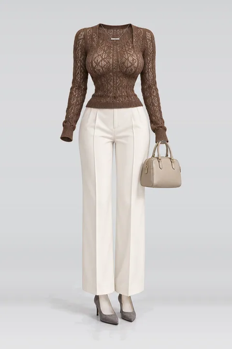 Brown lace knit ivory pants grey