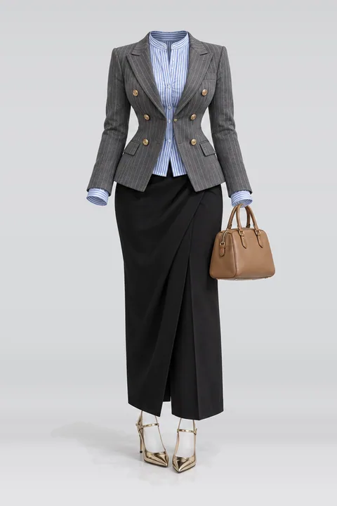 Grey jacket blue shirt black skirt