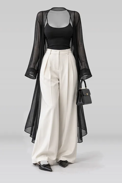 Black camisole cardigan ivory mini bag