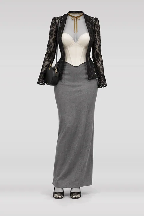 Ivory black lace jacket grey maxi
